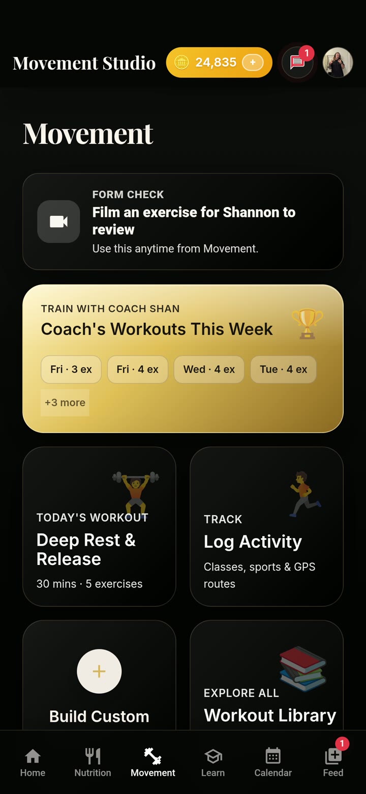 Balance Movement screen with workouts and form checks
