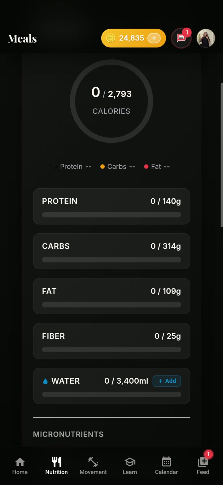 Balance meal planning and food tracking screen