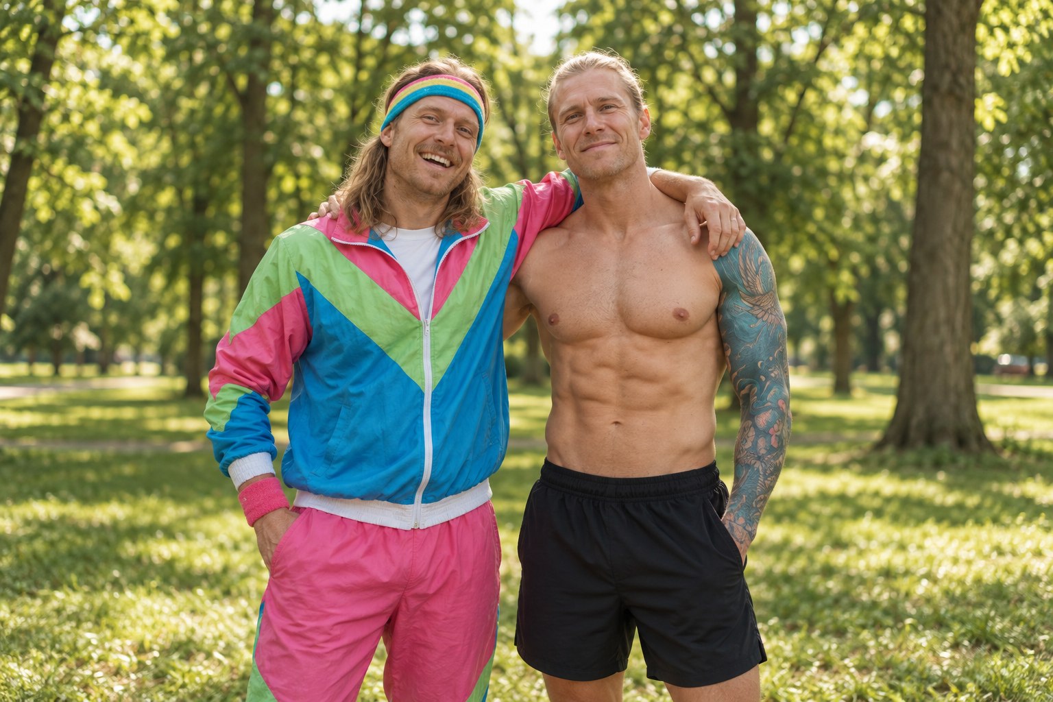 The colourful tracksuit character and Shannon smiling with their arms around each other's shoulders